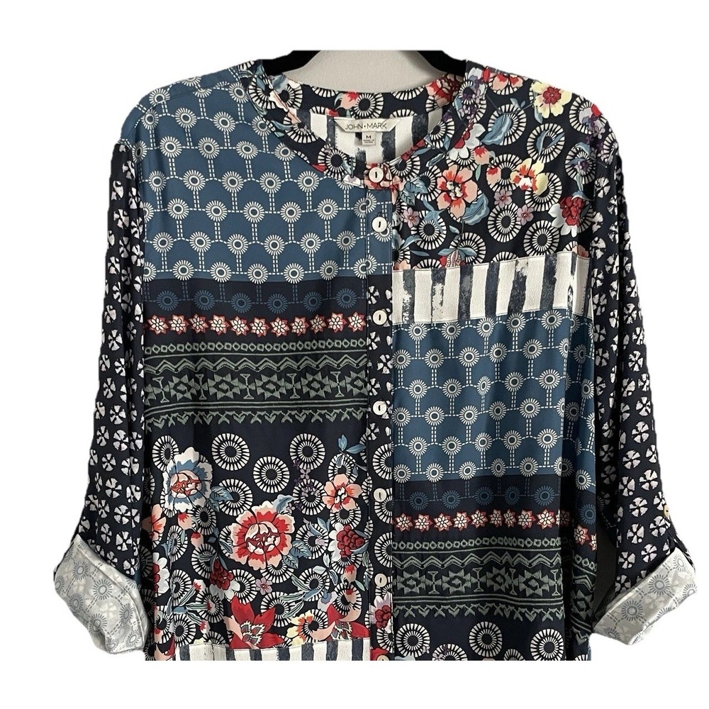 John Mark Red Blue Floral Print Button Up Shirt Roll Tab Mixed Tunic Top Medium